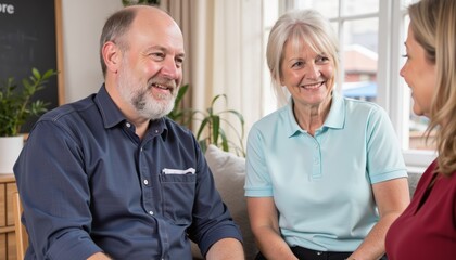 Effective psychotherapy. Three people engaged in a friendly conversation indoors.