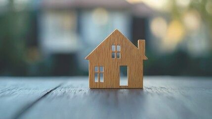 A wooden house model on a wooden table with a blurred background of a house and trees.