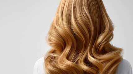 Fototapeta premium Blonde Frau mit langen gewellten Haaren von hinten vor neutralem Hintergrund