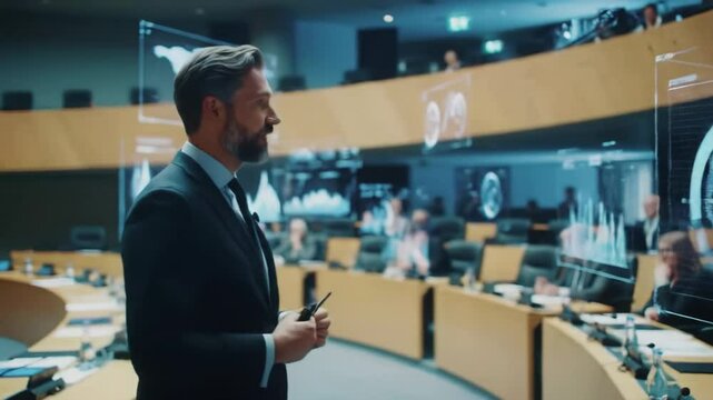 Middle-aged businessman in a suit walking confidently through a seminar hall, surrounded by floating interactive holographic panels and engaged participants