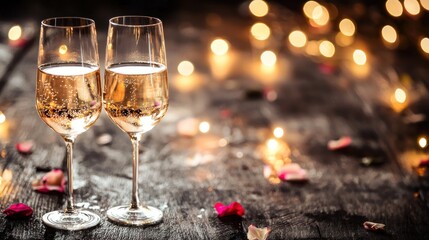 Two champagne glasses with sparkling wine on a wooden table with a bokeh background of lights and rose petals.