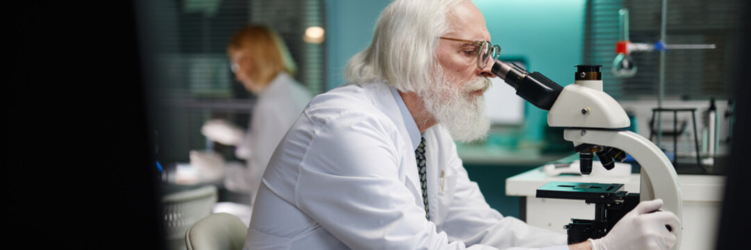 Website header shot of senior Caucasian man with grey hair and beard examining sample through microscope in scientific laboratory, female scientist working in background conducting research - Powered by Adobe