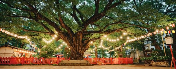 Shinto celebration scene sacred tree festival scene under glowing lanterns with traditional Japanese celebration vibes ancient tree shrine