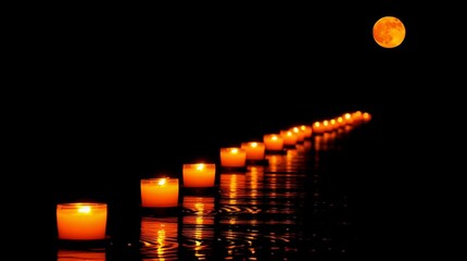candlelight river ritual glowing on water under full moon during spiritual night ceremony
