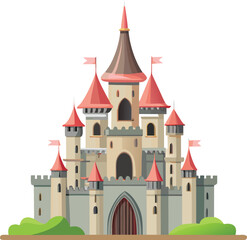 Majestic castle with red turrets and flags medieval fortress