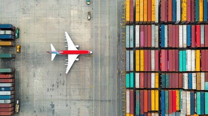A red and white airplane is parked on a tarmac with colorful shipping containers in the background.