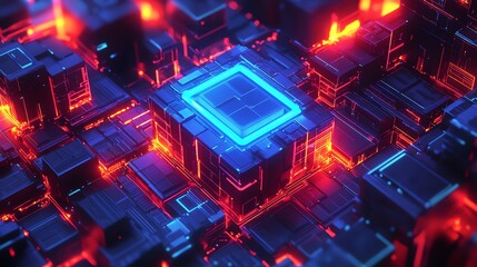 Abstract digital circuit design with glowing elements.