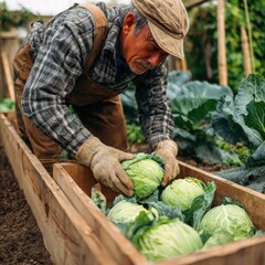 A man is picking fresh cabbage from a wooden box in a garden