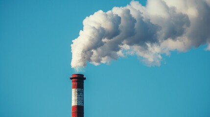 A red and white striped industrial chimney emitting smoke against a clear blue sky.