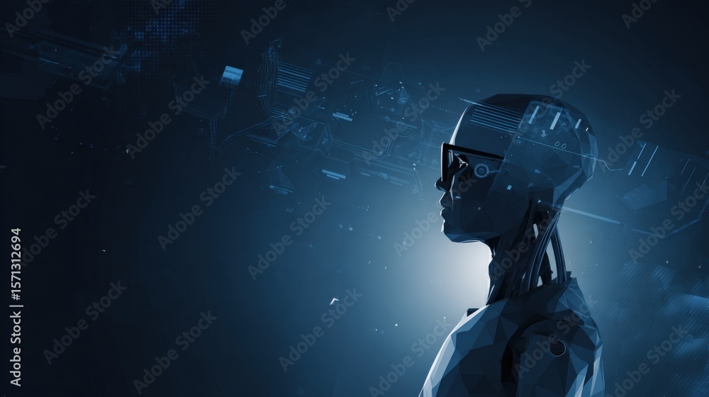 Poster Ultra Modern Cybernetic Human Robot Profile in Dark Futuristic Cityscape with Advanced Technology Elements and Glowing Effects
