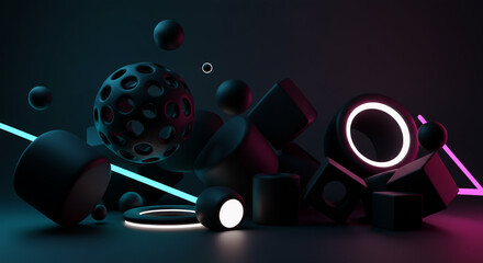 Fototapeta premium Dark 3D design with glowing neon-accented spheres, cubes, and cylinders on a moody background