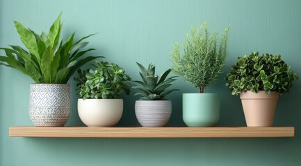 Obraz premium green square frame and a group of indoor plants on a bookshelf. Minimal composition