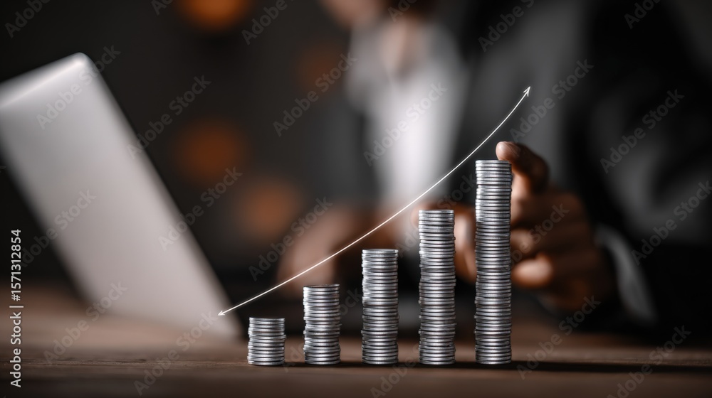 Poster business investment growth chart with stacked coins increasing over time on laptop with blurred busi