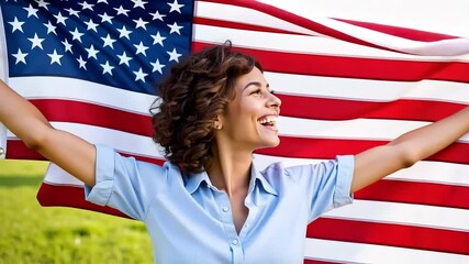 A cheerful woman celebrates with an american flag outdoors