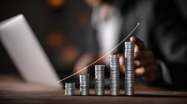 Business Investment Growth Chart with Stacked Coins Increasing Over Time on Laptop with Blurred Businessman in Background