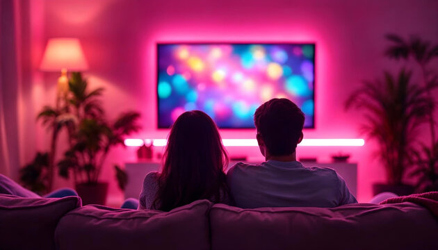 Couple watching TV on sofa in LED-lit decorative room
 - Powered by Adobe