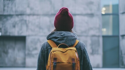 A person wearing a red beanie and a gray hoodie, standing in front of a concrete wall with a yellow backpack, looking away from the camera.