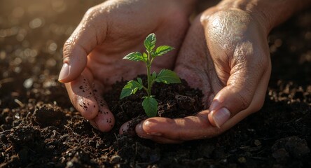 Hands gently holding a small green plant seedling growing in dark soil in a caring and protective way