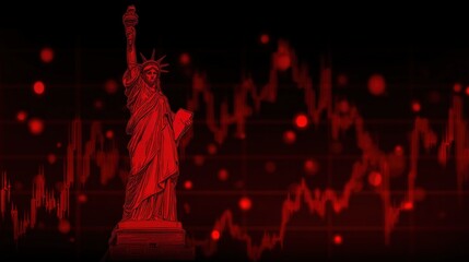 Iconic Statue of Liberty with a Nighttime Financial Market Graph Background in Red Color Scheme for Economic and Business Themes