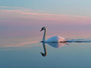 Elegant white swan gracefully gliding across calm reflective water du sunset with colorful pastel sky in the background
