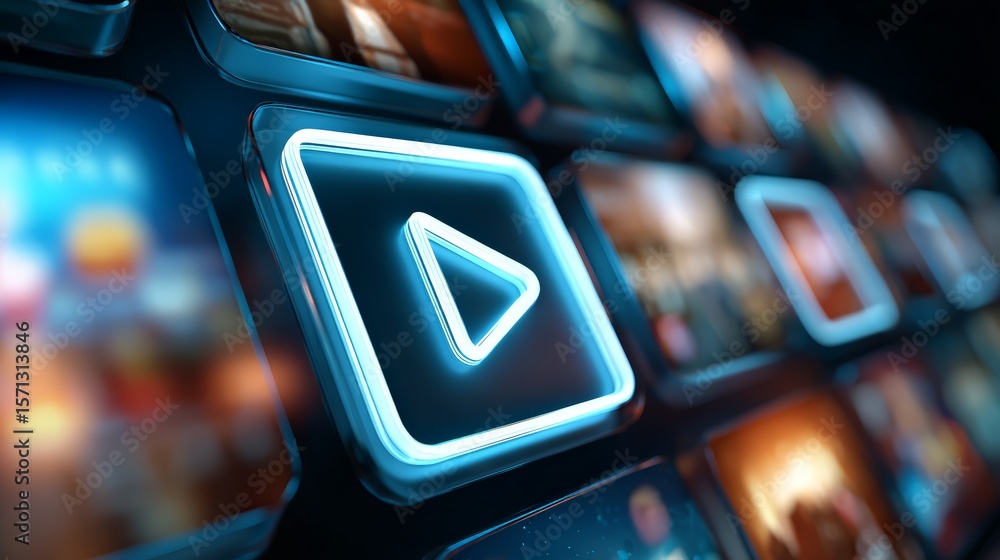 Aufkleber futuristic interface with glowing play button and digital media tiles for modern applications.