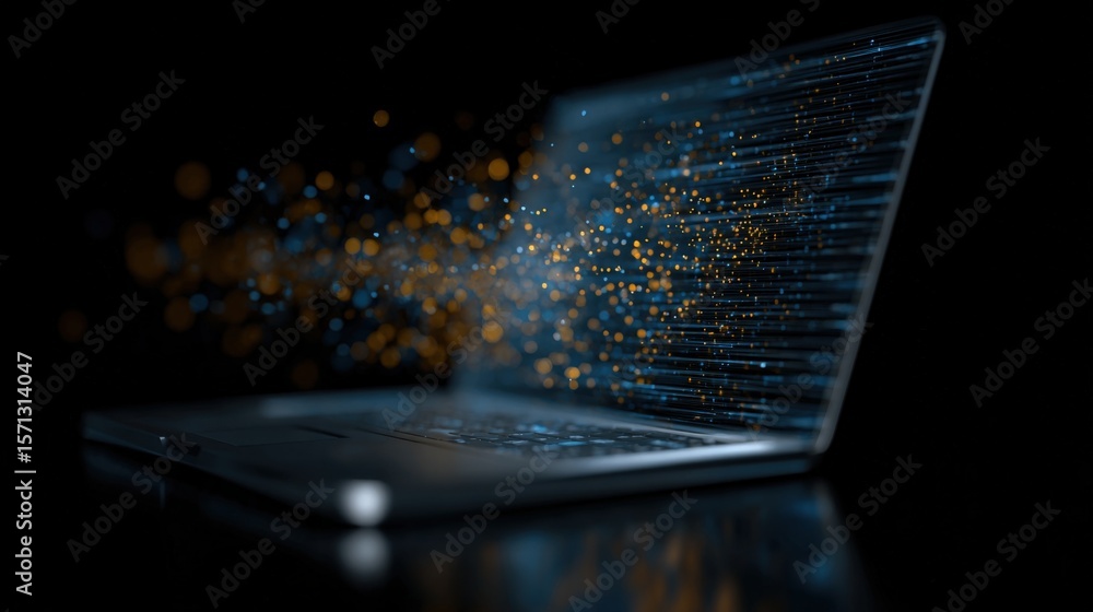 Poster Futuristic Digital Technology Concept with Data Stream and Light Particles Emerging from a Laptop Screen in Dark Environment