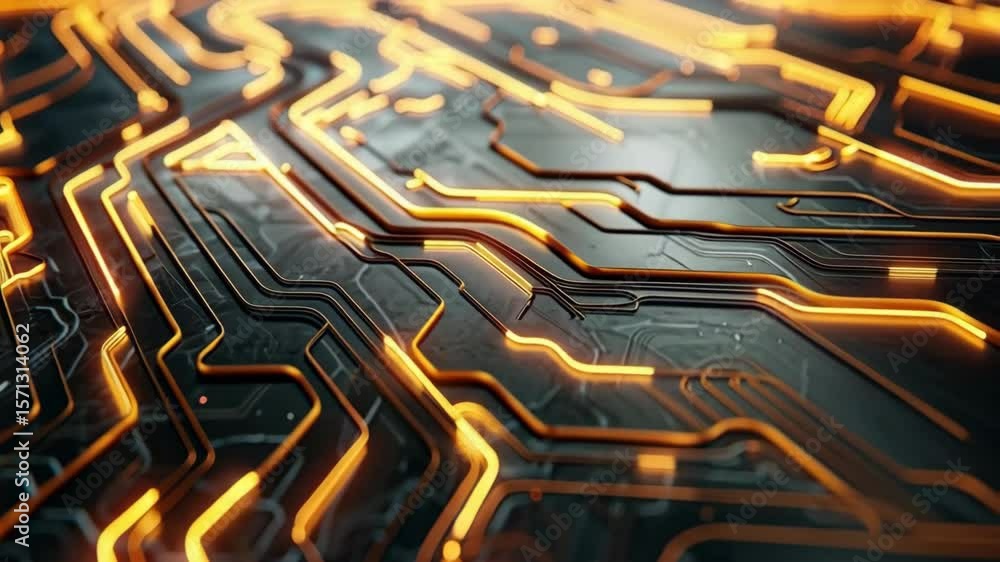 Poster glowing orange circuit board with intricate electronic pathways showcasing futuristic technology and