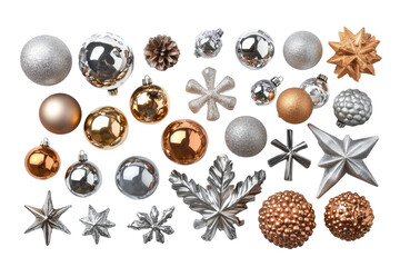 Christmas Ornament Collection: A delightful array of silver, gold, and copper Christmas tree ornaments, showcasing a variety of shapes and textures, including baubles, stars, snowflakes.