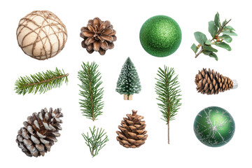 Festive Elements: A collection of natural and decorative elements come together, showcasing the festive spirit with ornaments, pinecones and branch.