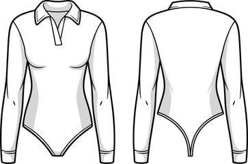 Women's bodysuit fashion flat sketch, technical drawing, vector apparel template, long sleeve collar design, front and back view