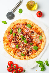 Pizza on white background top view.