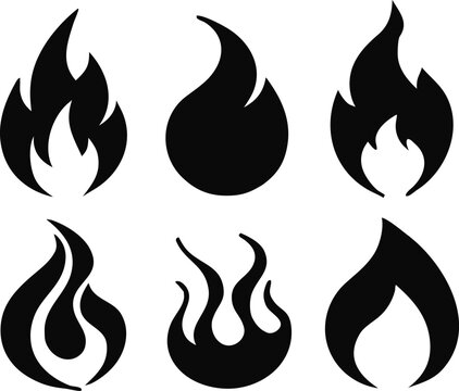 Six stylized black flames on white background fire heat