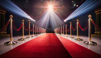 red carpet path with stanchions velvet ropes leads to grand stage spotlight brightens entrance premiere ceremony awards show luxury event celebration night film industry glamour elegance