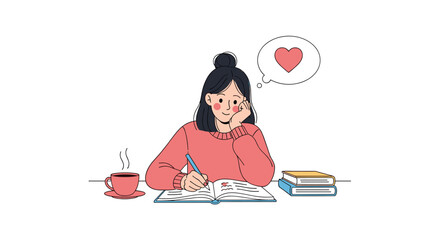 Fototapeta premium Young woman sitting at a desk writing in a journal thinking of love with a cup of coffee and books nearby