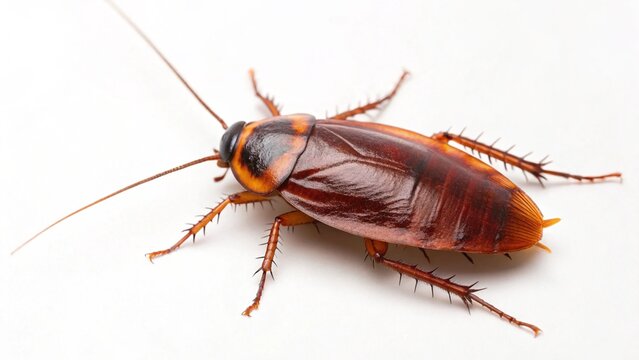  sharp, well-defined image of a German cockroach (likely species) in profile on a clean surface, highlighting its characteristic markings and leg structure