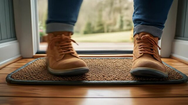 Person's feet with tan boots on a doormat