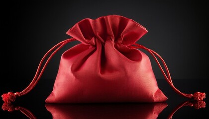elegant red fabric gift bag on black background with drawstring closure