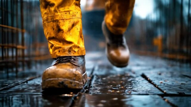 Person in yellow work wear walking on a wet, dark surface