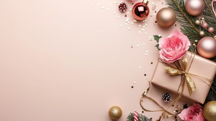 Fototapeta premium Festive Christmas holiday with a wrapped gift red ornaments and a beautiful pink rose flower on a soft warm toned background