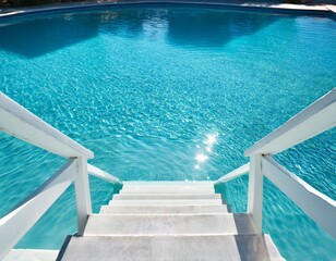 minimalist white steps leading into calm turquoise pool reflecting sunlight