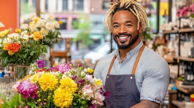 Smiling Florist with Bouquet: A happy, dark-skinned male florist with dreadlocks smiles warmly as he arranges a vibrant bouquet of flowers in his shop. - Powered by Adobe