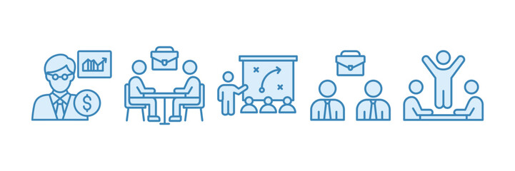 Strategy Business Icon Set Multiple Style Collection, Containing design Finance Analyst, Business Meeting, Professional Collaboration, Winning Team
