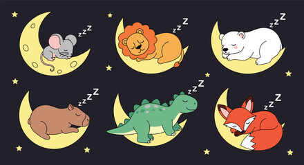 Fototapeta premium Cute baby animals sleeping on crescent moons adorable sleepy creatures among the stars illustration