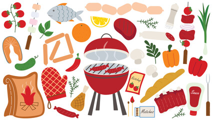 Hand drawn barbecue party set including fried meat, steaks, chicken, sausages, vegetables, sauces. Picnic food and inventory icons. Weekend, BBQ concept, vector elements