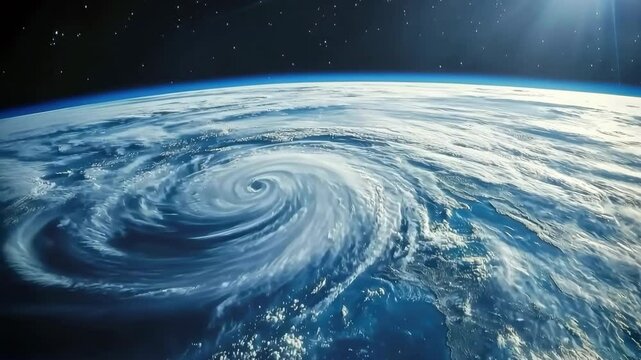 Hurricane swirling over ocean with cloud formation and earth curvature sunlight space view showing atmosphere and natural storm