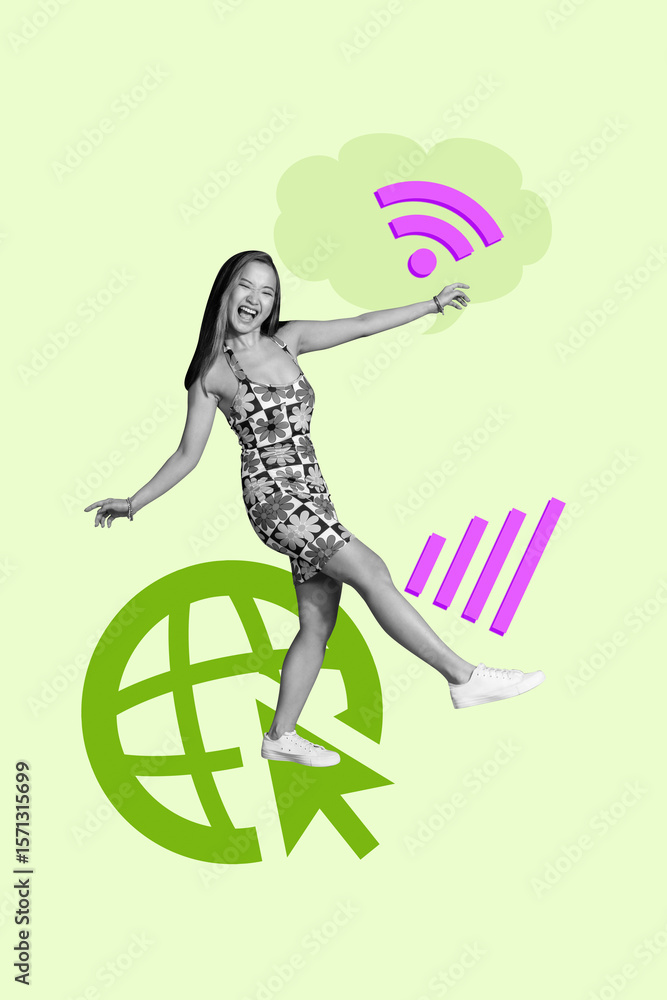 Poster collage of cheerful internet user with global wifi connection wireless signal online blogging concep