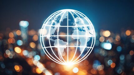 Fototapeta premium A futuristic globe glowing against a vibrant cityscape at night.