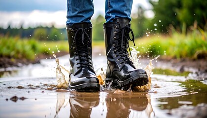 Boots splash in a muddy puddle, field backdrop