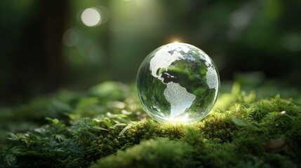 A glass globe showcasing Earth resting on lush green moss in serene sunlight.
