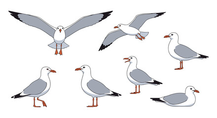 Obraz premium A collection of pixel art seagulls in various poses and movements on a white background